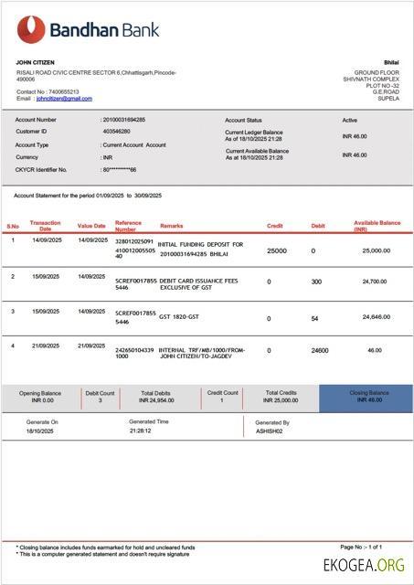 Modèle Word et PDF de relevé de compte de la Bandhan Bank en Inde